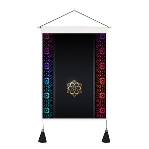 Vintage glow tapestry with golden mandala and colorful symmetry on black fabric
