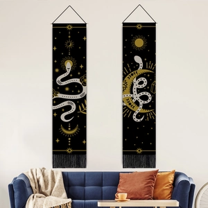 Bohemian Snake Moon Phase Wall Tapestry Cotton Linen Mystic Sun Star Hanging Decor With Wooden Pole And Tassels