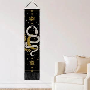 Bohemian moon snake wall hanging tapestry with golden sun and black tassels for home decor