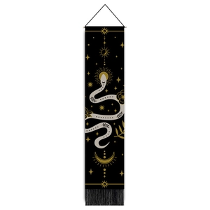 Bohemian tarot style wall tapestry featuring a white snake with celestial sun and moon motifs