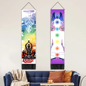 Indian mandala wall tapestry set with yoga meditation chakras and black tassels decor
