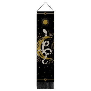 Bohemian black wall hanging with gold sun, moon phases, snake pattern and tassels
