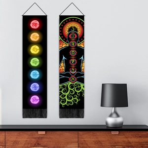 Vertical Indian mandala tapestry set with chakra symbols and meditation silhouette art