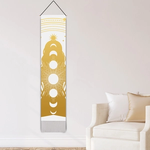 Bohemian moon phase mandala tapestry with golden sun design and grey tassels for wall decor