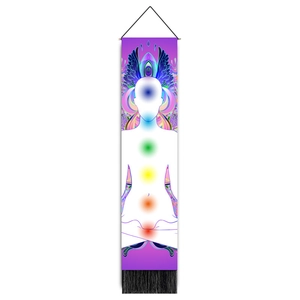 Vertical chakra tapestry with meditation silhouette and black tassels for wall decor