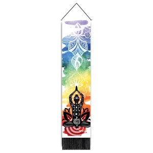 Detailed view of meditation tapestry featuring 7 chakras, mandala and black tassels