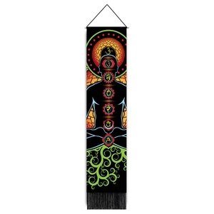 Vertical black chakra tapestry with meditation silhouette and tassels for yoga decor