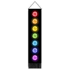 Vertical black seven chakra mandala tapestry with tassels and Sanskrit symbols for yoga