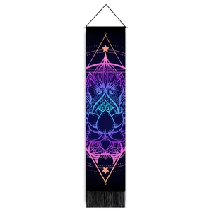 Detail of colorful mandala yoga wall tapestry with wooden rod and black tassels decoration