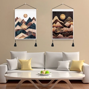 Abstract Mountain Sun Tapestry Wall Hanging Polyester Cotton With Wood Pole And Tassels Modern Geometric Bohemian Decor