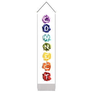 Modern vertical tapestry with rainbow honeycomb paper balls spelling CONNECT in print