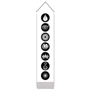 Vertical yoga wall hanging featuring seven black chakra symbols on white fabric texture