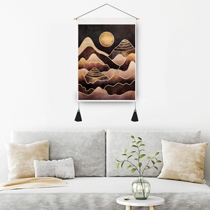 Bohemian style mountain and sun wall tapestry with wooden rod and black tassels