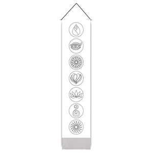 Vertical white meditation tapestry featuring seven black chakra symbols and hanging rope