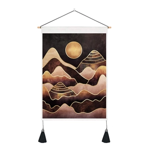 Abstract mountain and sun wall tapestry with wooden pole and decorative black tassels