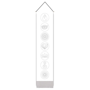 Detailed view of the vertical chakra tapestry with wooden rod and grey tassel accents