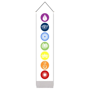 Detailed vertical view of a white seven chakra wall tapestry with colorful meditation symbols