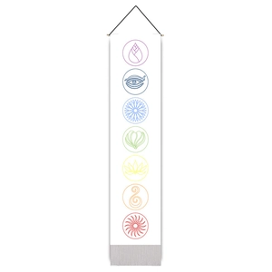 Detailed vertical chakra tapestry featuring seven colorful symbols with a black hanging rope