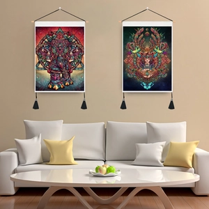 Bohemian elephant and goddess tapestry set with wooden rods and black fringe decor