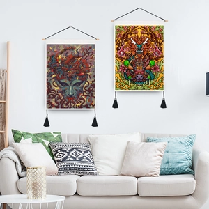 Artistic elephant illustration wall tapestries with wooden frames and black tassels