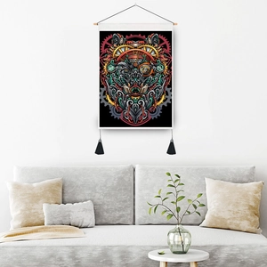 Steampunk mechanical elephant tapestry with brass gears and hanging wooden rod