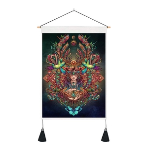 Vertical elephant illustration tapestry with wooden pole and black tassels wall decor