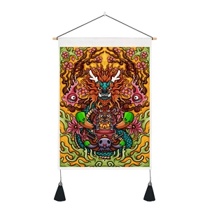 Detail of Japanese style art tapestry with colorful samurai monster and wooden hanger
