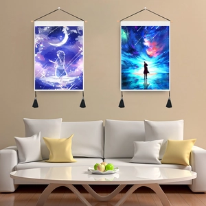 Anime Starry Sky Tapestry Hanging Painting Polyester Cotton Wooden Rod And Tassels Bedroom Living Room Wall Decor