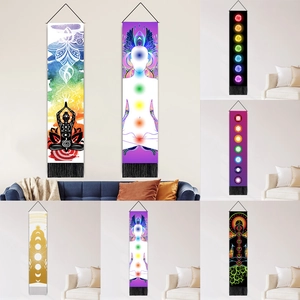 Chakra Mandala Wall Hanging Tapestry Long Vertical Meditation Yoga Art Cotton Linen With Tassel And Wooden Pole