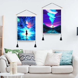 Starry girl digital print wall tapestry set with wooden rod and black tassels