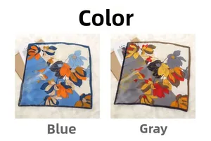 Detail view of floral print silk scarves in blue and grey on soft faux fur backdrop