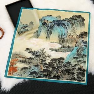 Detail of floral silk square scarf with traditional Chinese mountain landscape painting print