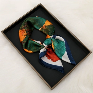 Silk-like satin square scarf with ginkgo floral prints and elegant navy blue borders