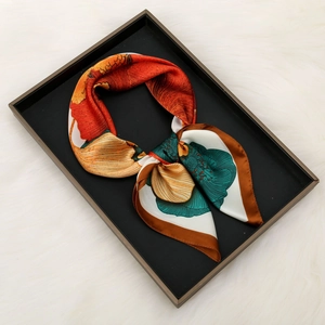French retro style ginkgo print satin square scarf with artistic floral patterns
