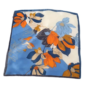 Elegant 70cm silk square scarf featuring vibrant floral prints on a smooth satin surface