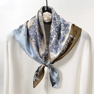 Baroque Print Square Scarf Imitation Satin Glossy Neck Scarf Women Retro French Style Elegant Headscarf Accessory