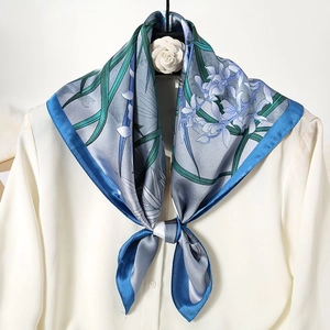 Chinese Style Floral Landscape Print Square Scarf Imitation Satin Satin Vintage Elegant Neck Wrap Hair Band Bag Accessory
