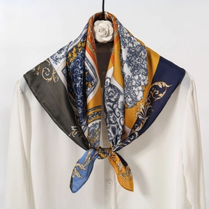 Retro ethnic print silk square scarf with baroque pattern in navy and orange hues