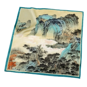 Chinese landscape floral silk square scarf with mountains and pines on white background