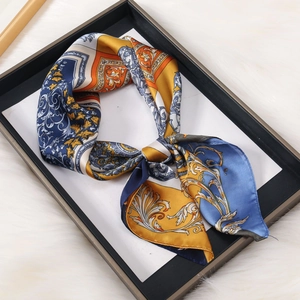 Retro ethnic print square scarf with baroque floral pattern in navy blue and orange