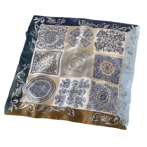 Vintage baroque print silk-like square scarf in navy and beige, flat lay view