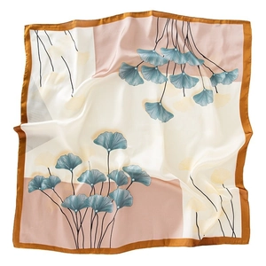 Retro ginkgo leaf print silk square scarf with elegant blue and yellow patterns