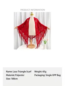 Detailed view of red lace triangle scarf with floral patterns, tassels, and 180cm size info