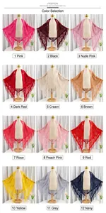 Detailed color palette of lace floral scarves with decorative tassels in twelve shades