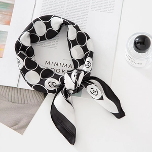 Élégant Foulard Carré en Satin Minimaliste Imprimé Cercles et Roses Foulard de Cou Mode Polyvalent Ruban de Cheveux pour Femmes