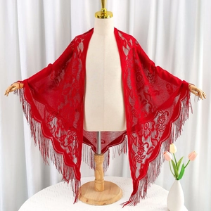 Elegant red lace triangle scarf with floral patterns and long tassels for women