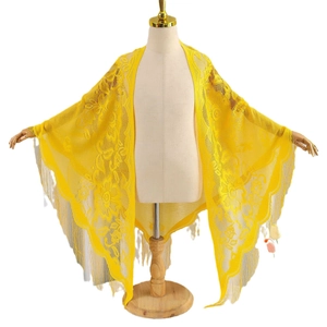 Lightweight yellow floral lace triangle scarf with fringe tassels for women's fashion