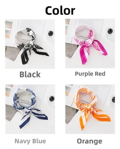 Detail of four floral silk-like neckerchiefs with perfume and minimal lookbook