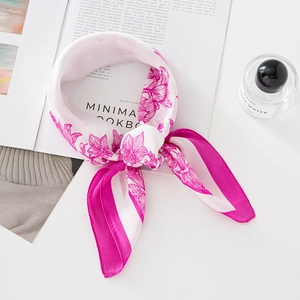 Retro floral print silk square scarf with orchid patterns and fuchsia borders for women