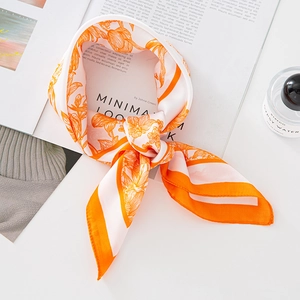 Floral print satin silk scarf in orange and white with vintage flower patterns